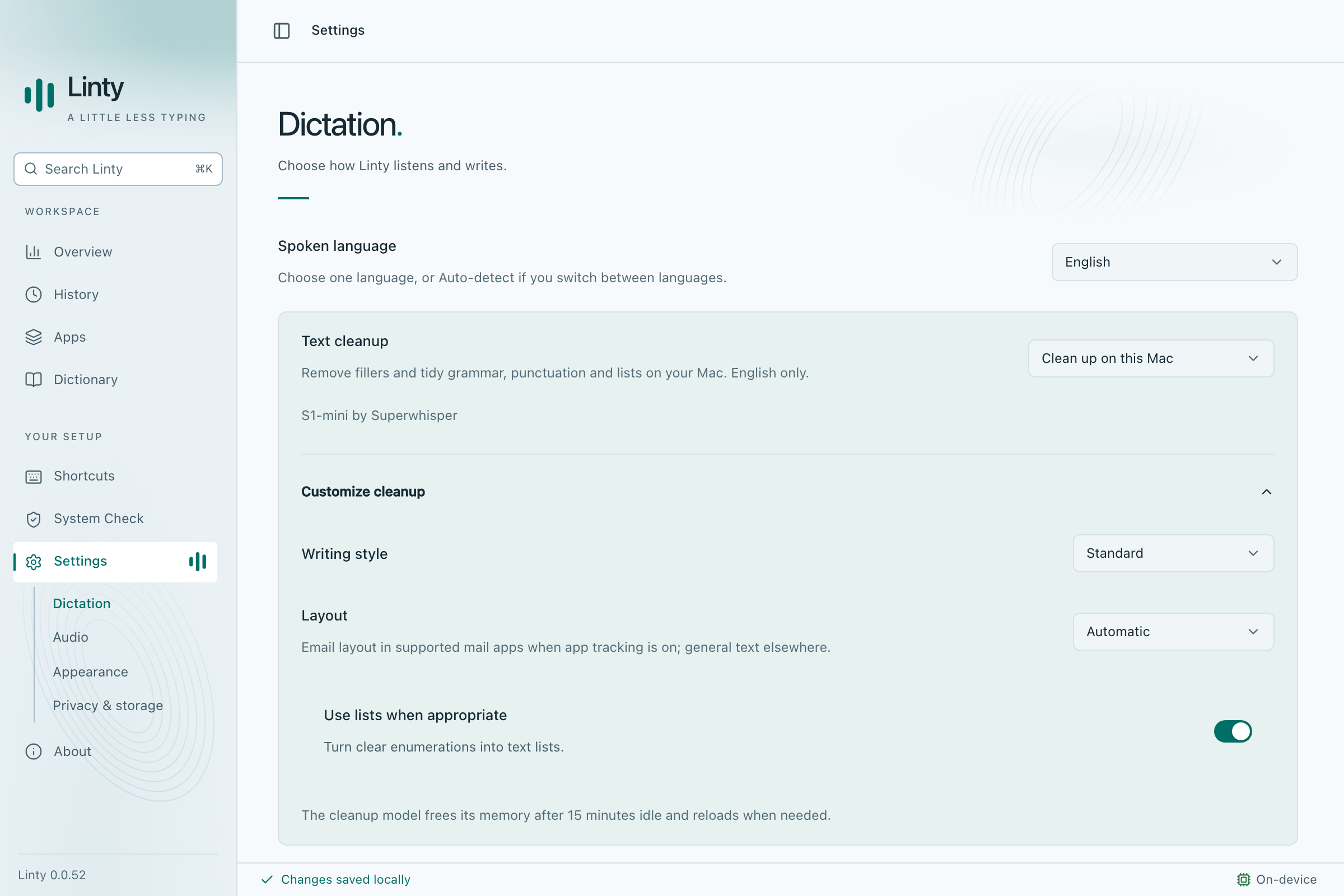 Linty’s Dictation settings with English selected, on-device text cleanup, and writing style, layout, and list controls.